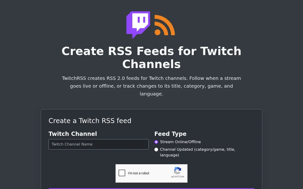 TwitchRSS homepage screenshot