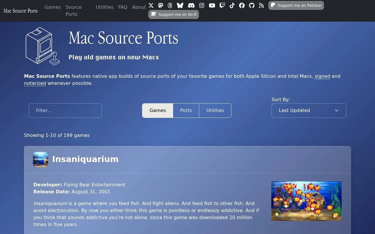 Mac Source Ports homepage screenshot
