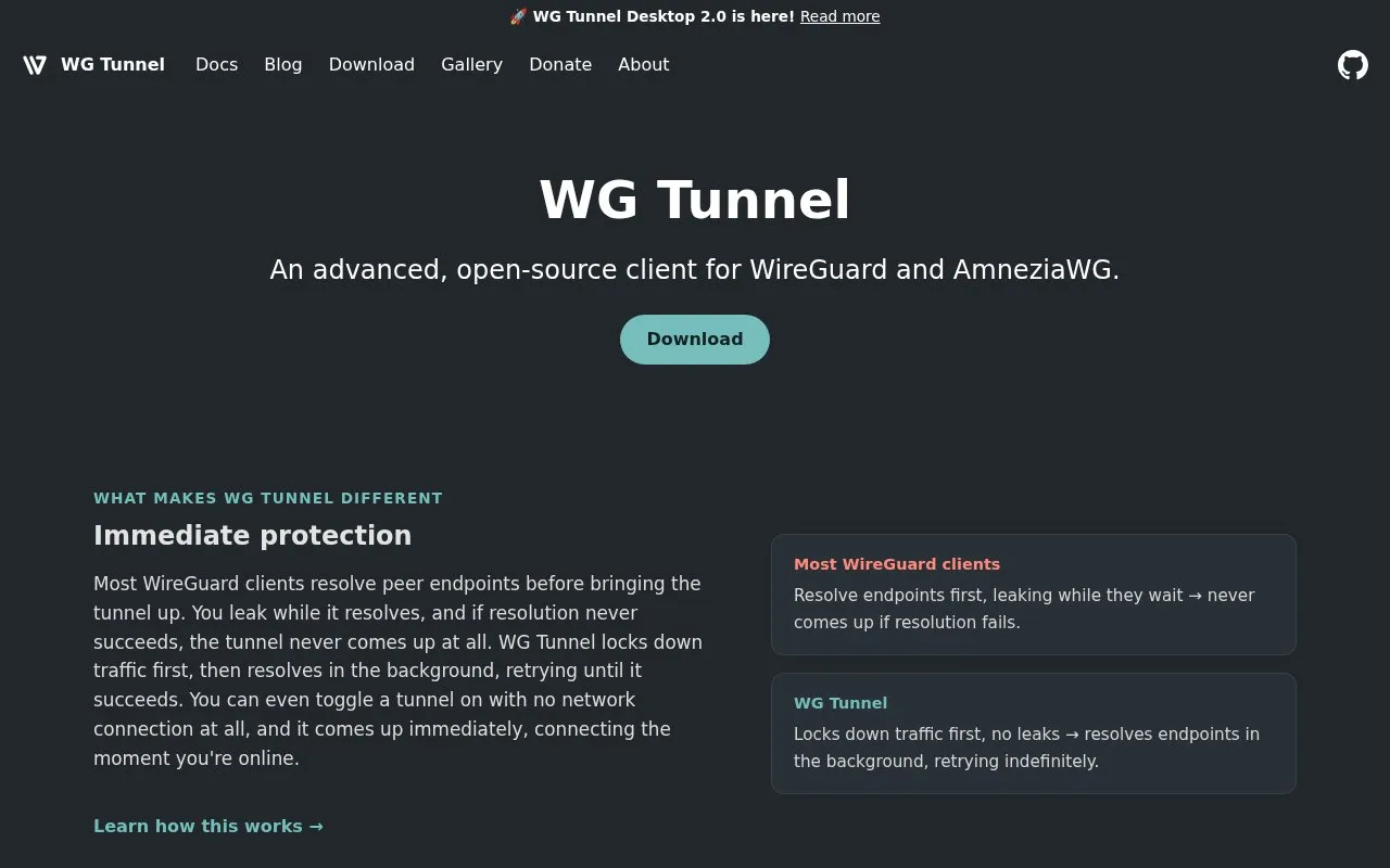 WG Tunnel homepage screenshot