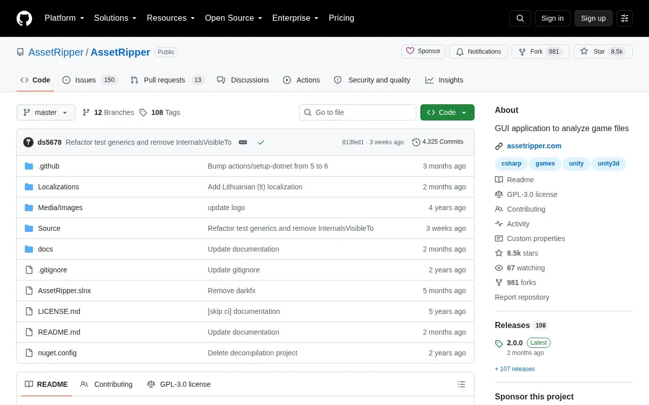 AssetRipper homepage screenshot