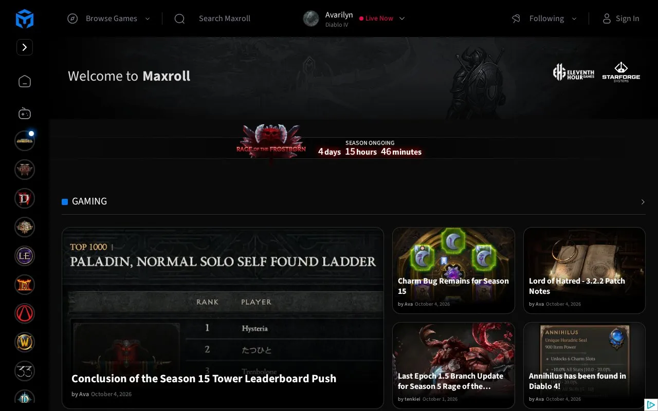 Maxroll homepage screenshot