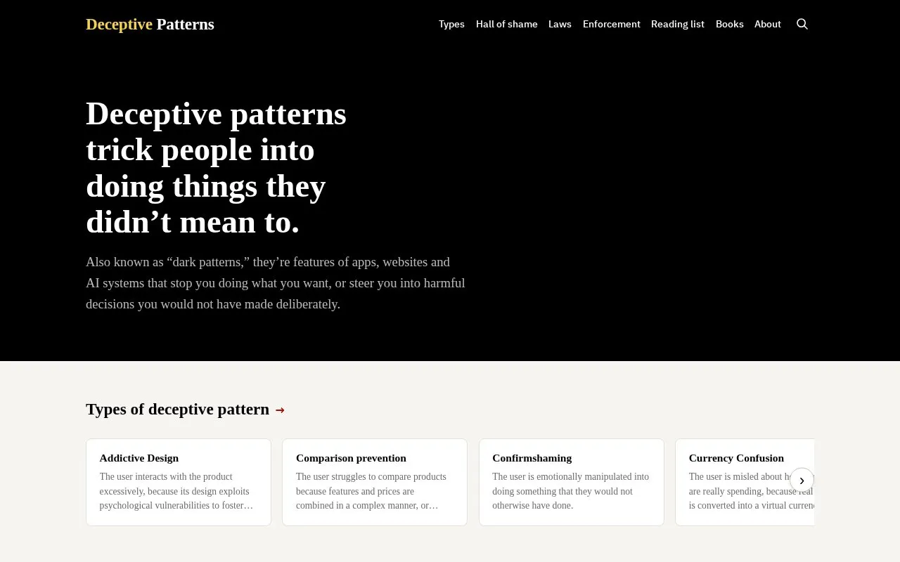 Deceptive Patterns homepage screenshot