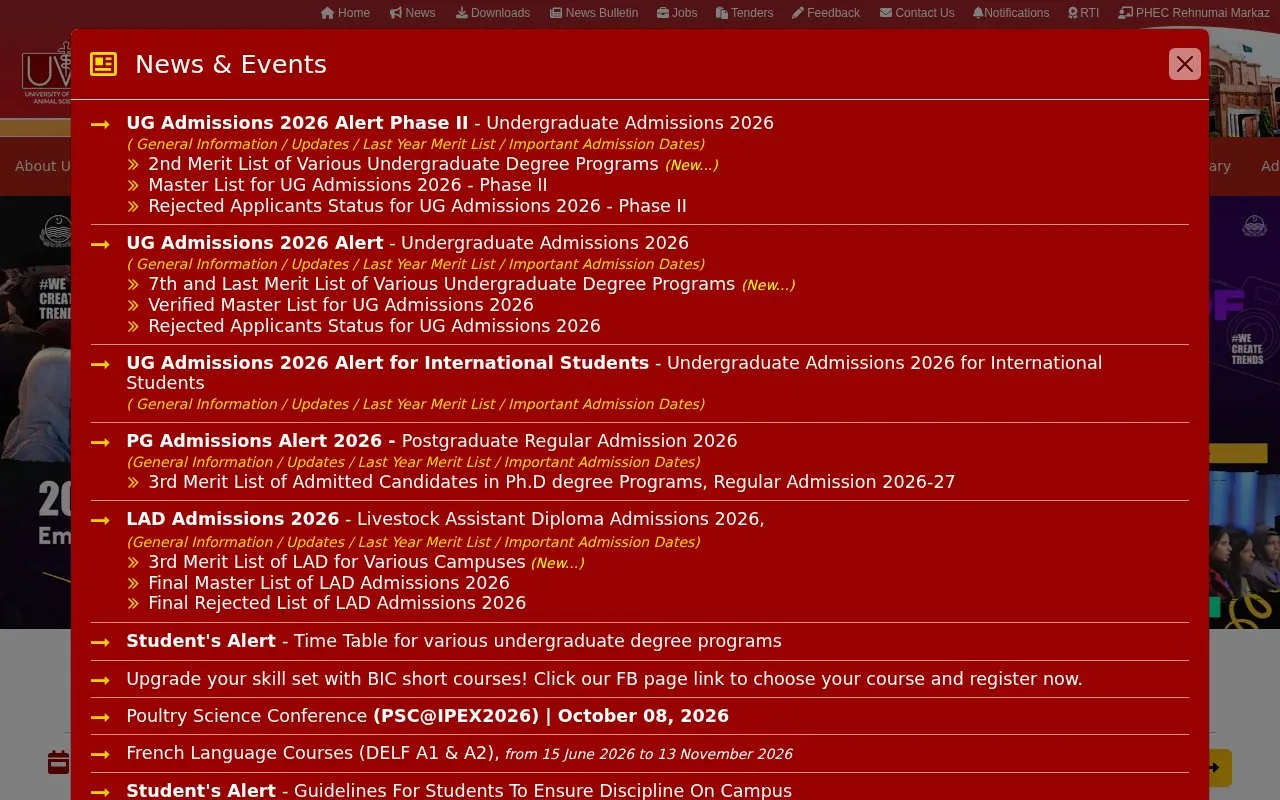 University of Veterinary and Animal Sciences homepage screenshot