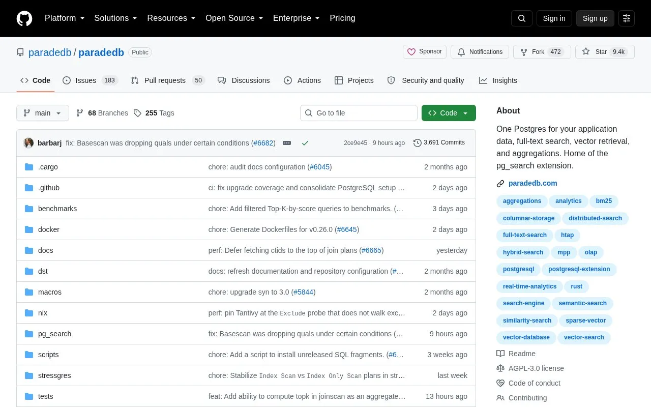 ParadeDB homepage screenshot