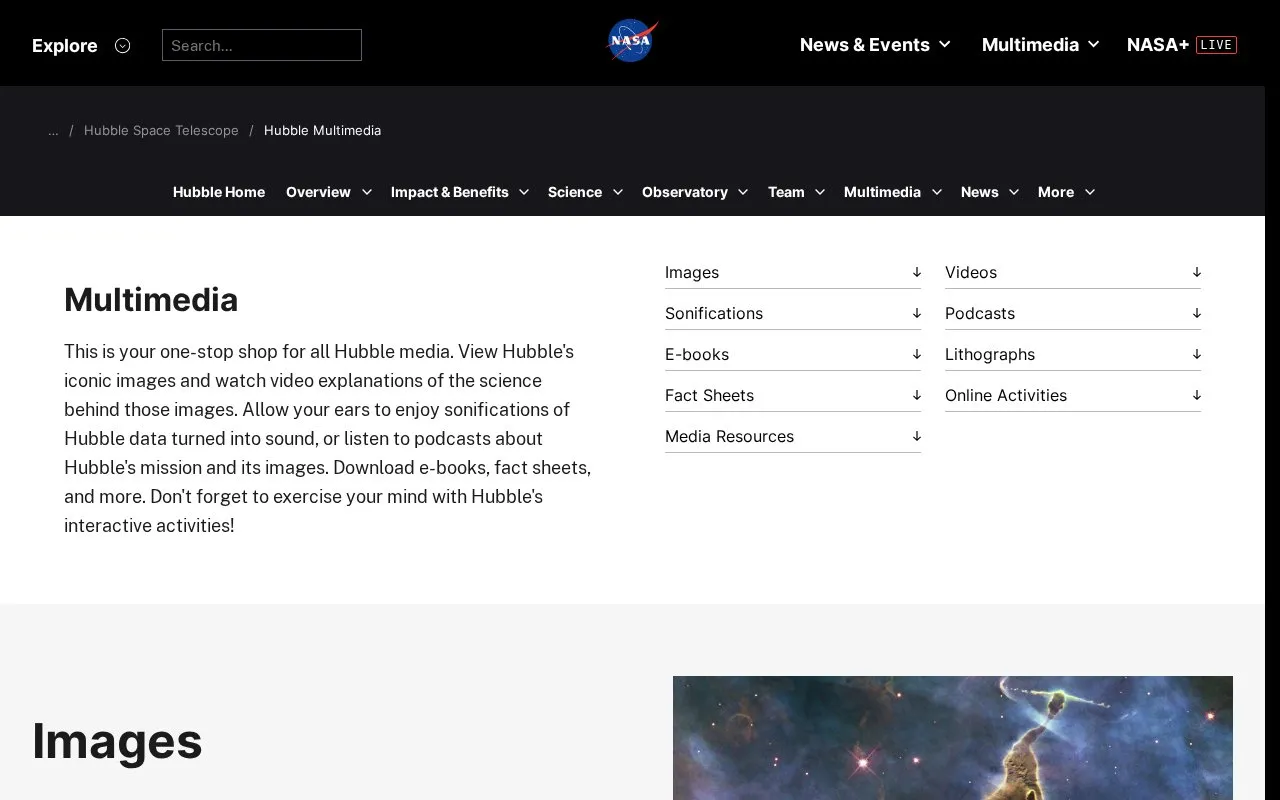 HubbleSite homepage screenshot