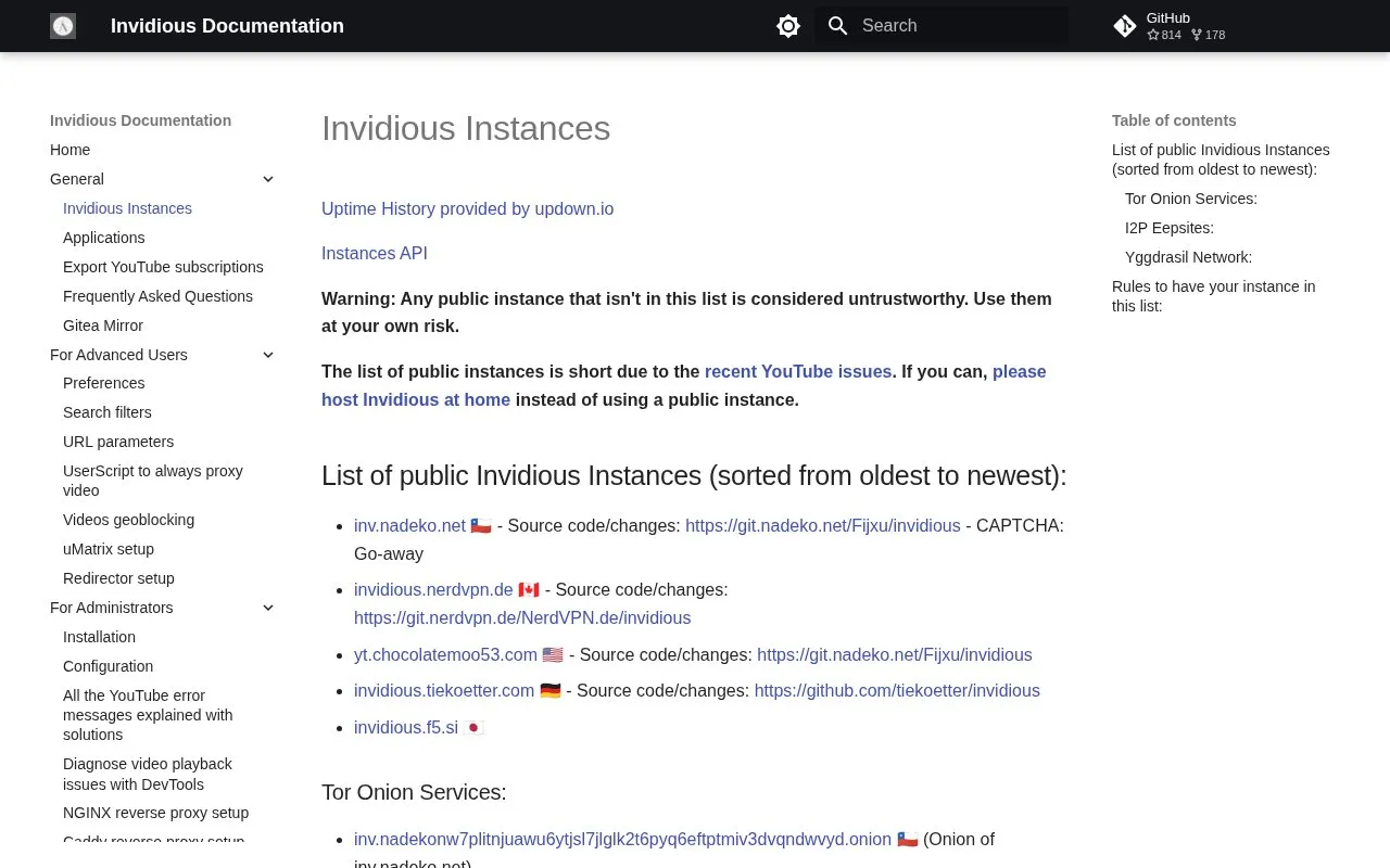 Invidious Instances homepage screenshot