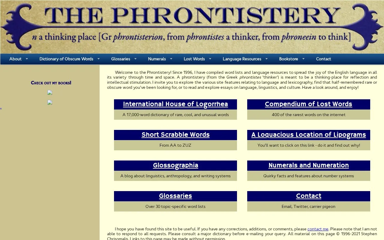 Phrontistery homepage screenshot