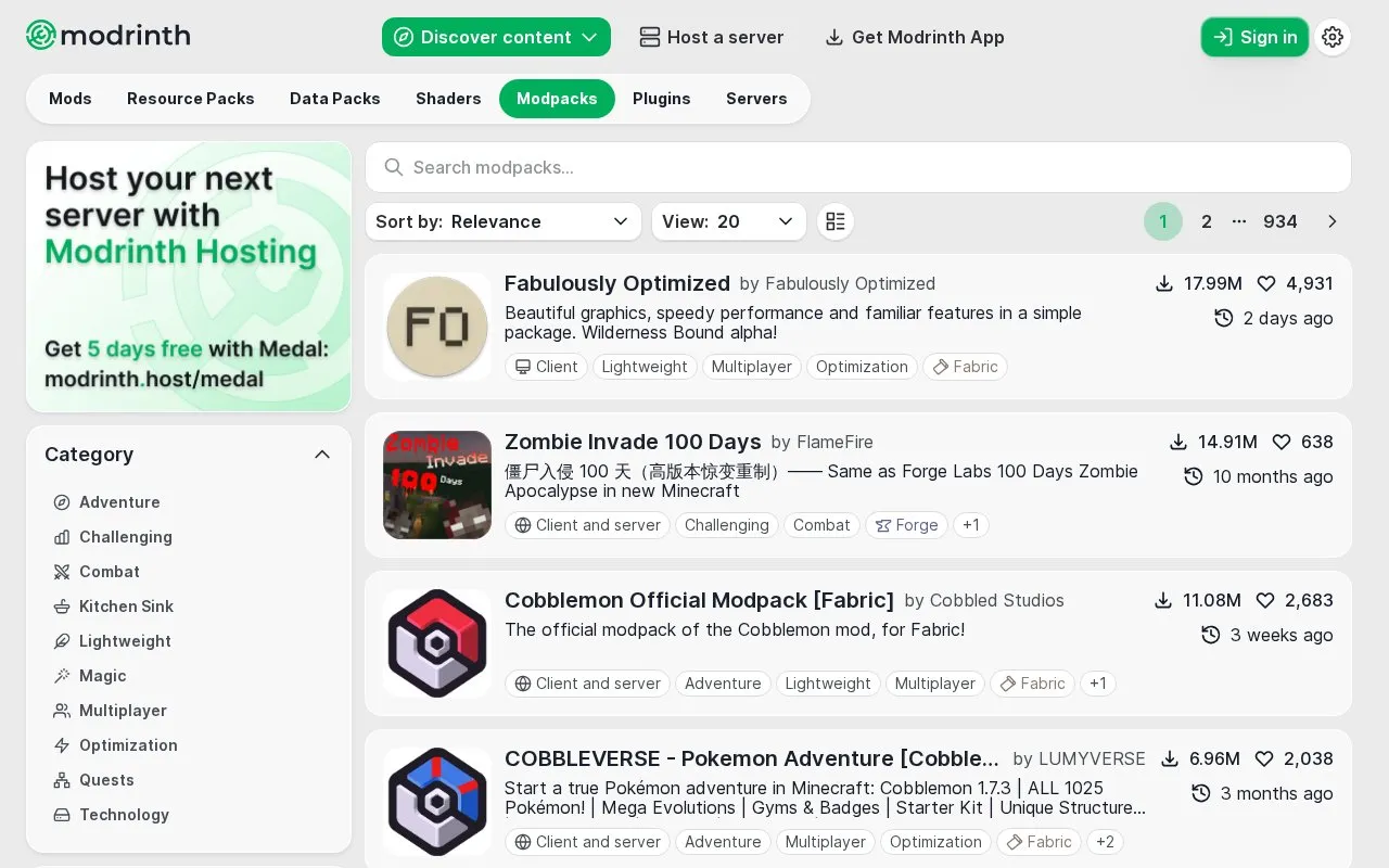 Modrinth Modpacks homepage screenshot