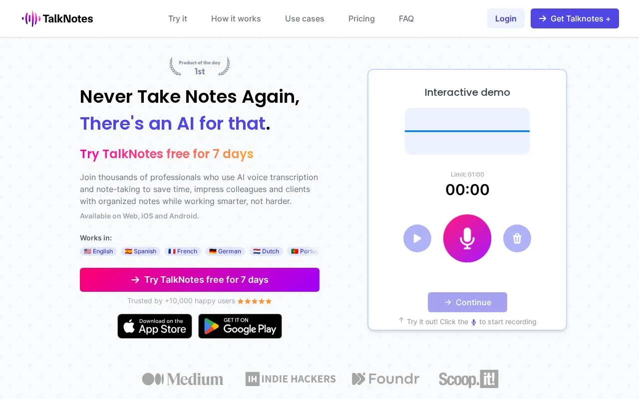 TalkNotes homepage screenshot