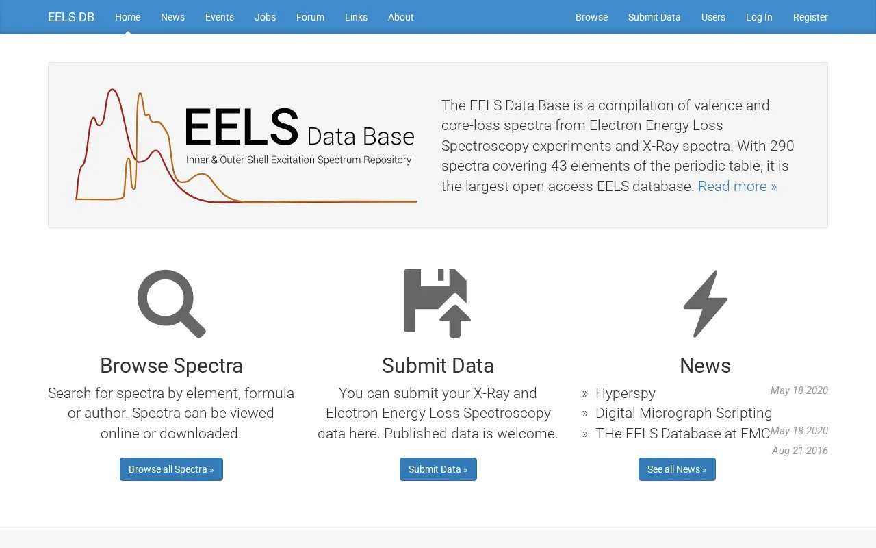EELS Data Base homepage screenshot