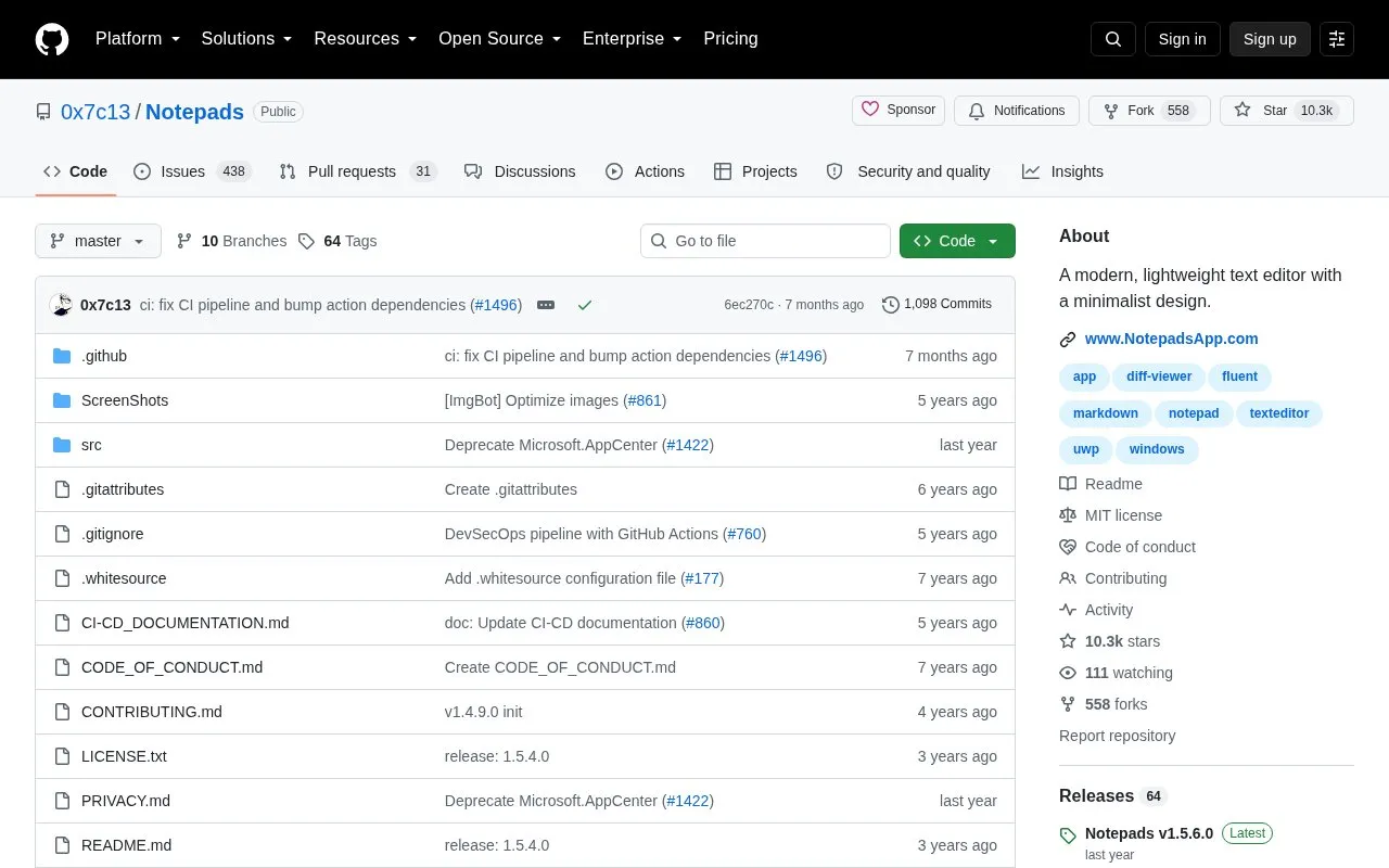 Notepads homepage screenshot