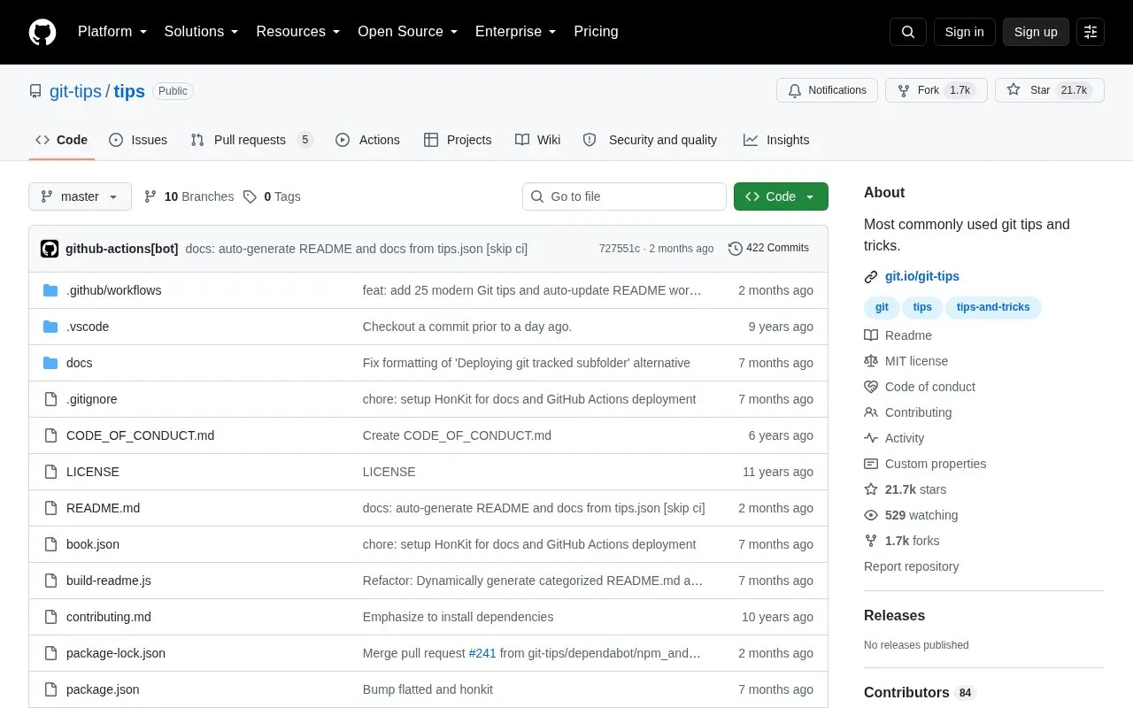 Git Tips homepage screenshot