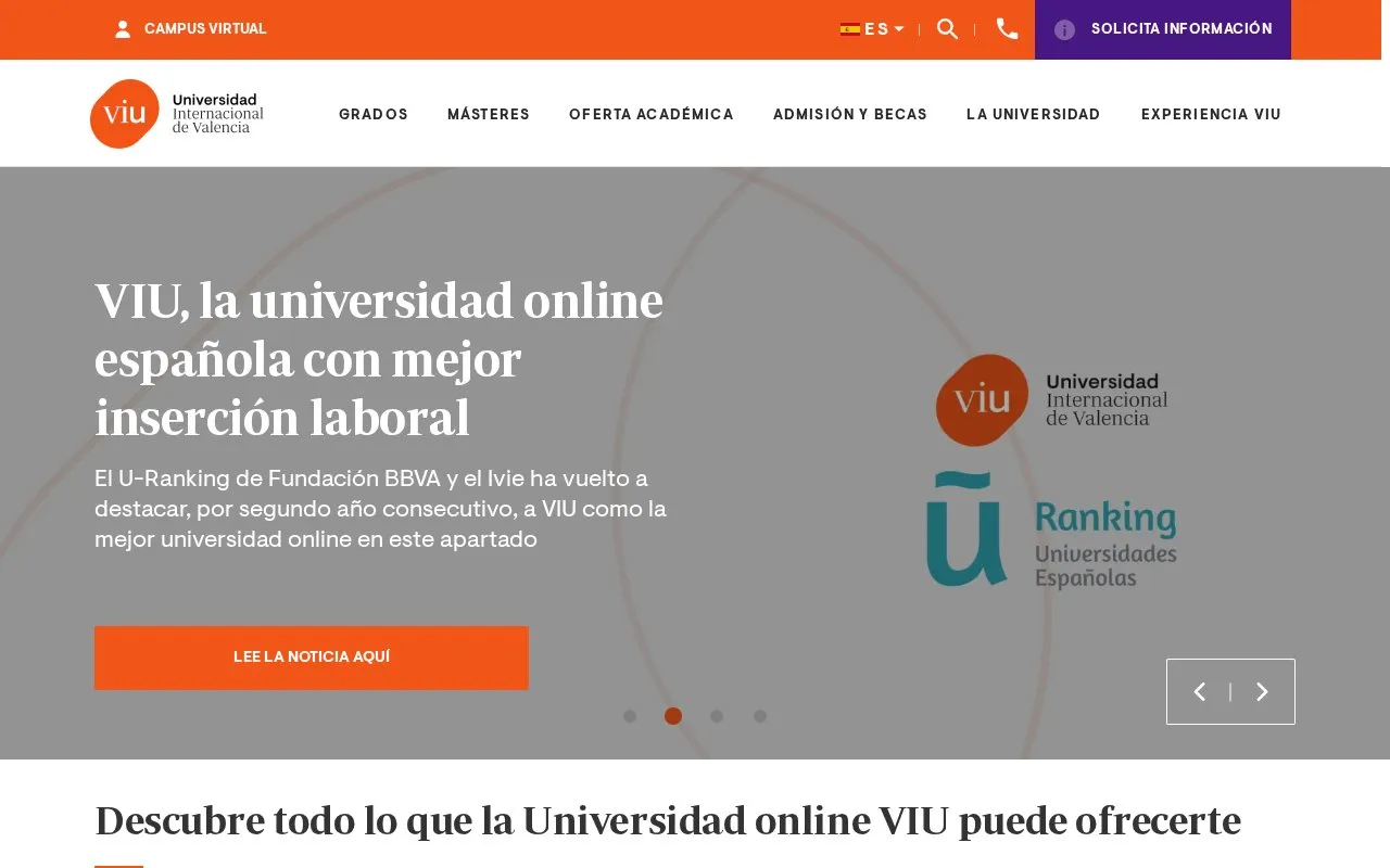 Universidad Internacional de Valencia homepage screenshot