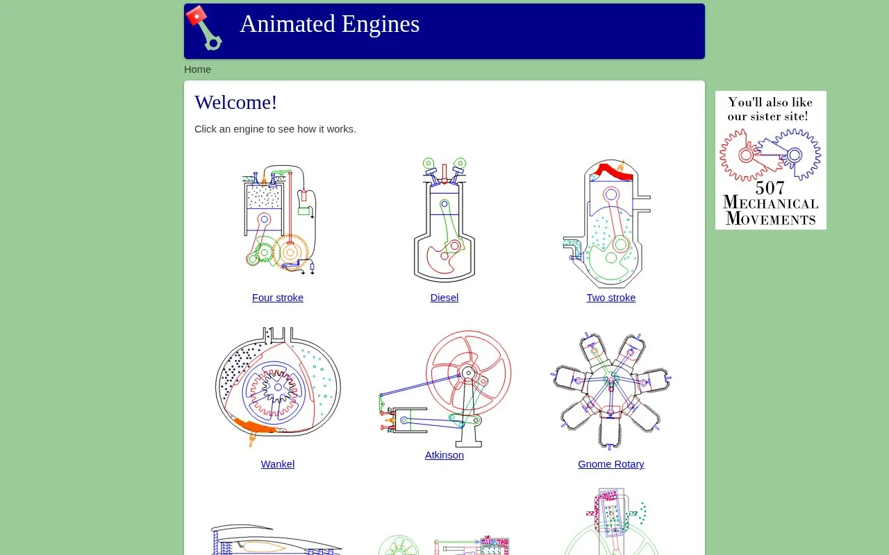 Animated Engines homepage screenshot