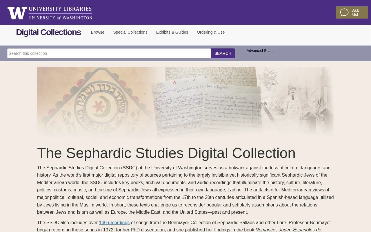 The Sephardic Studies Digital Collection homepage screenshot