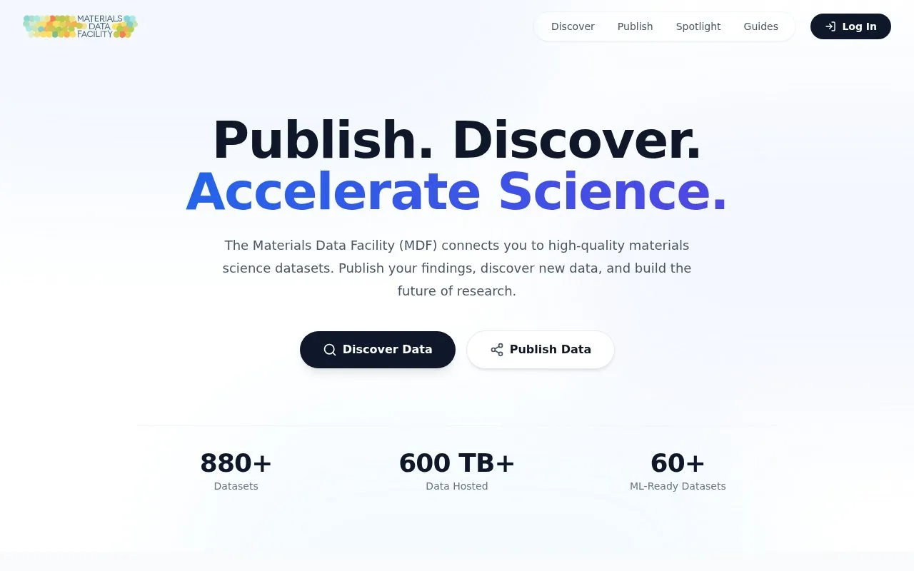 Materials Data Facility homepage screenshot