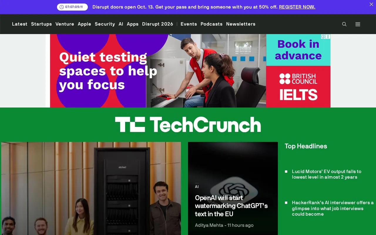 TechCrunch homepage screenshot