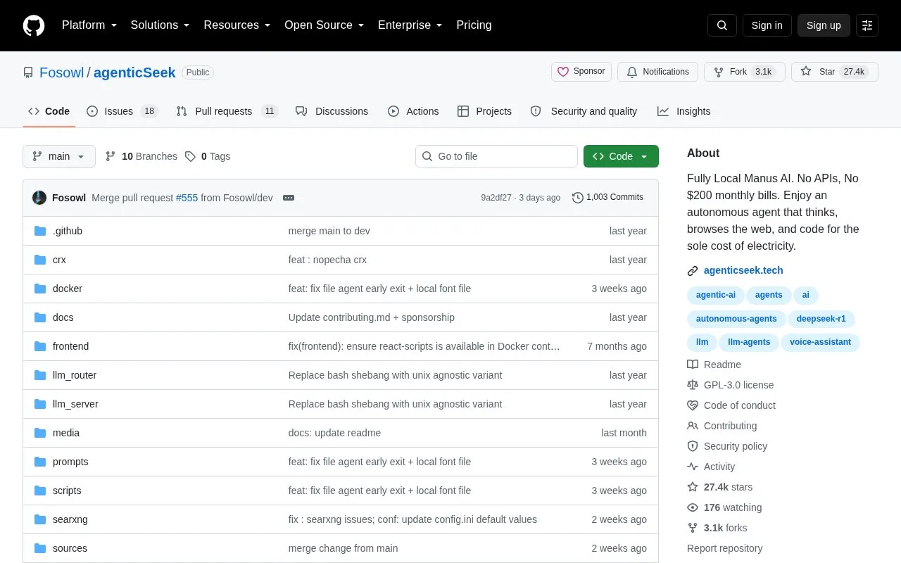 AgenticSeek homepage screenshot