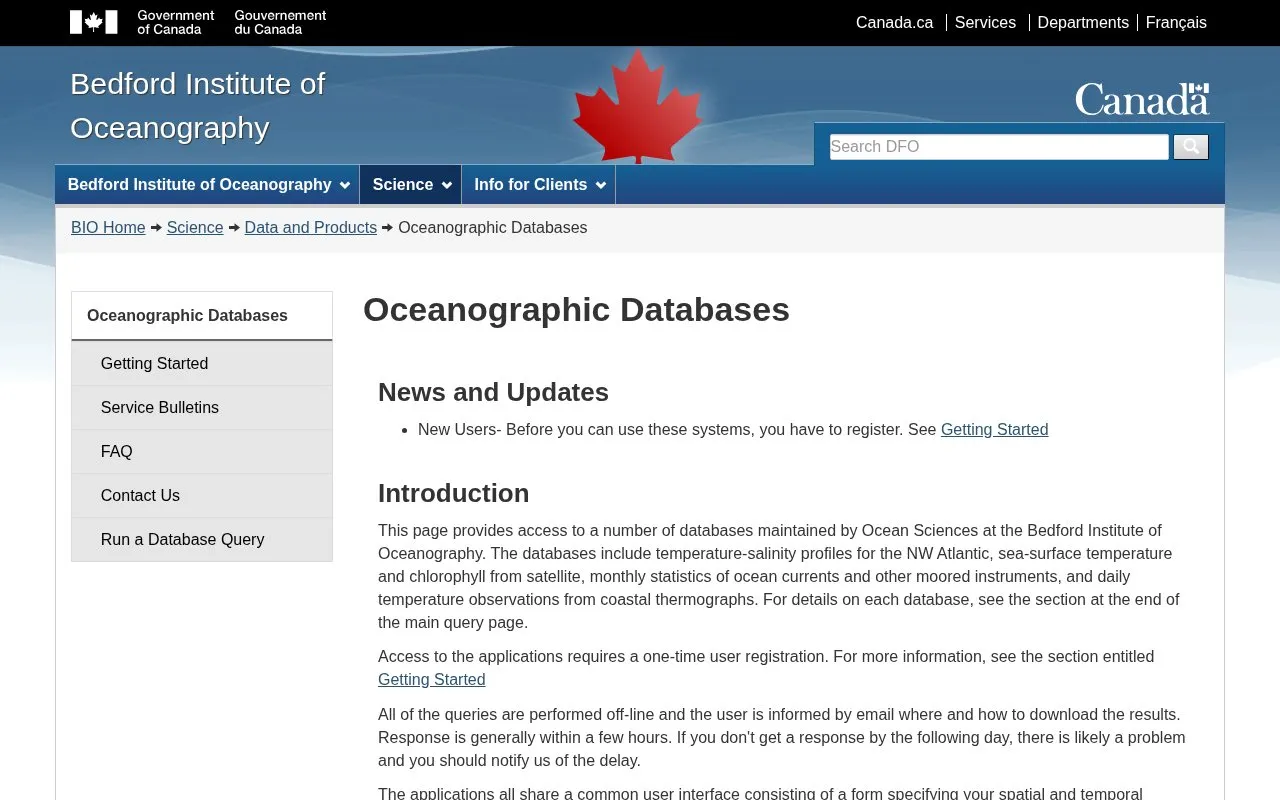 Bedford Institute of Oceanography - Oceanographic Databases homepage screenshot