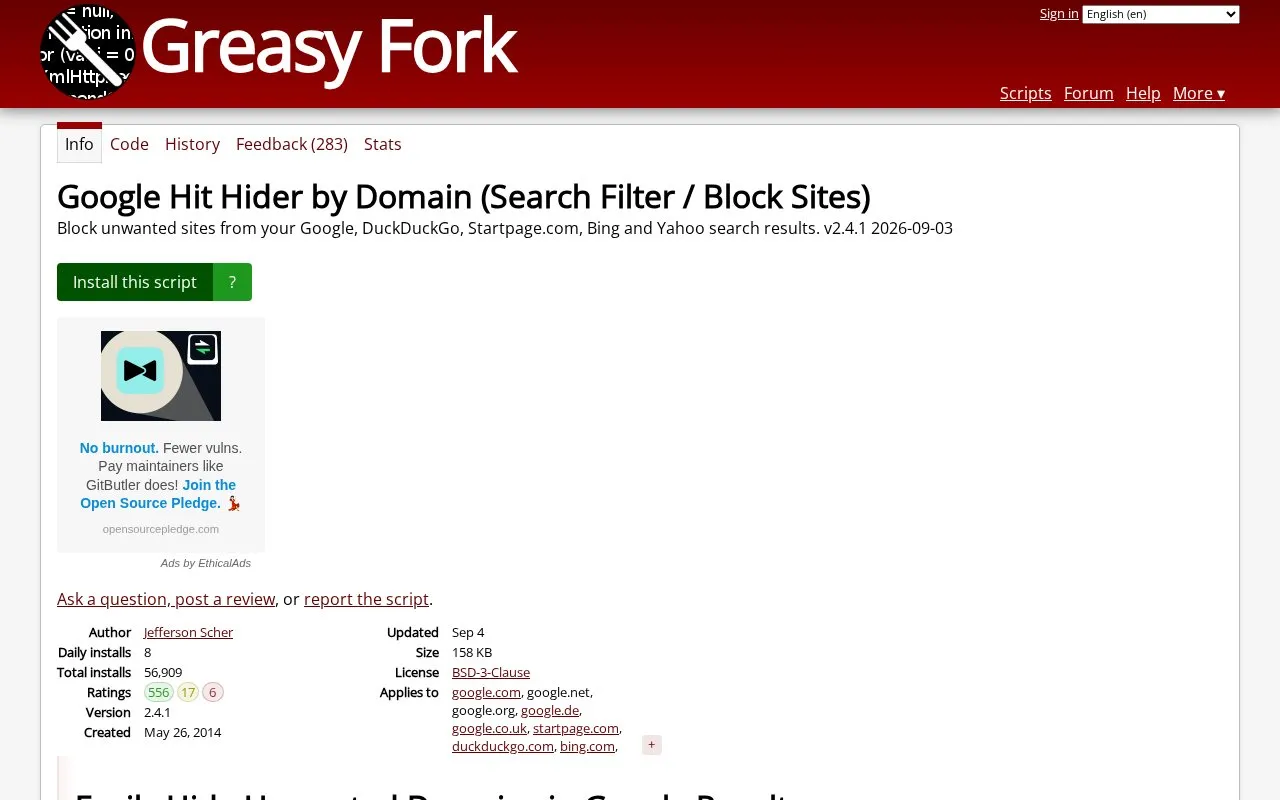 Google Hit Hider homepage screenshot