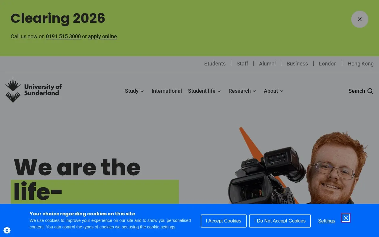 University of Sunderland homepage screenshot
