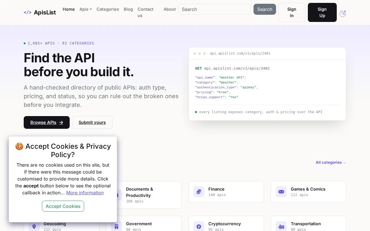 APIsList homepage screenshot