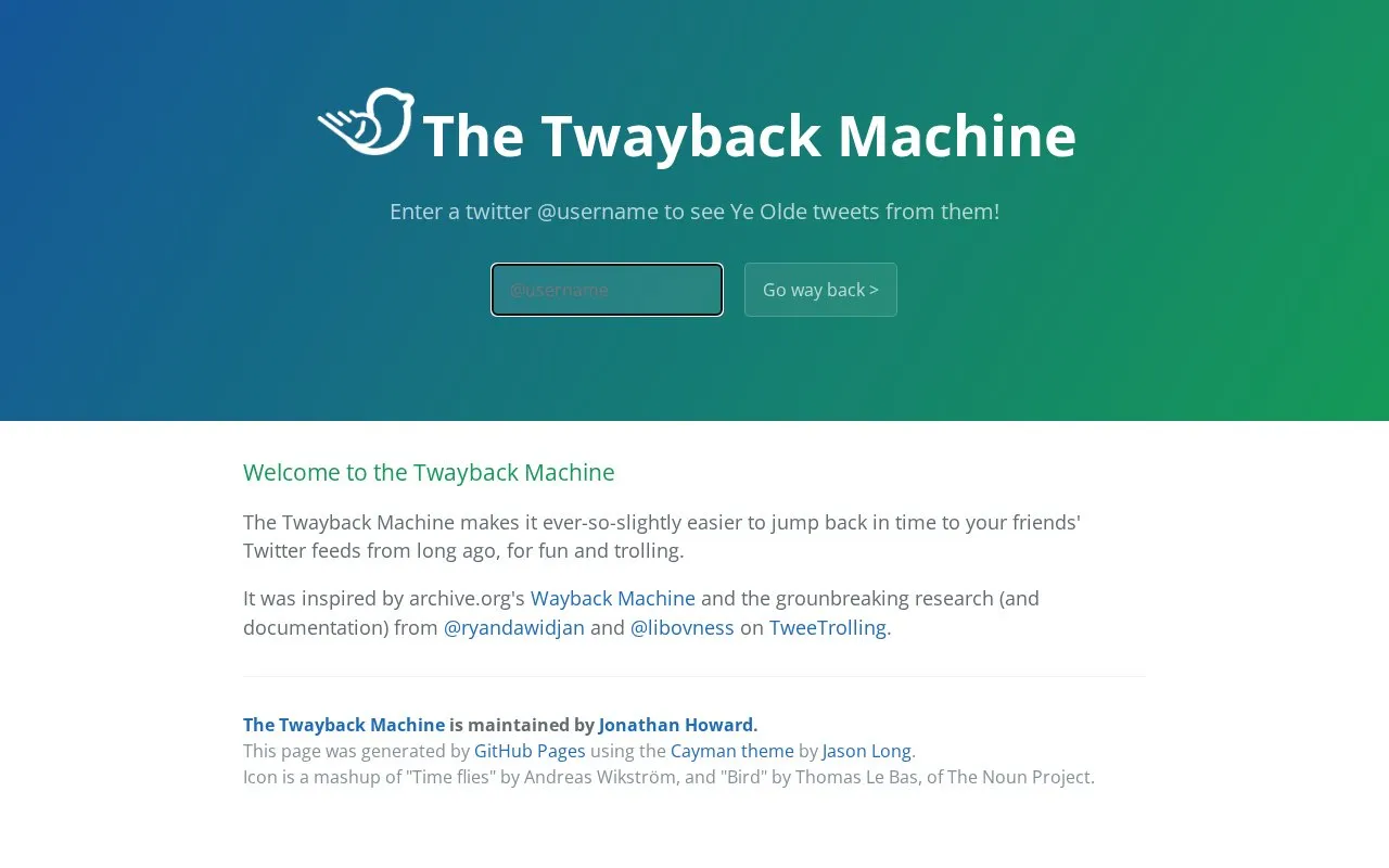 Twayback Machine homepage screenshot