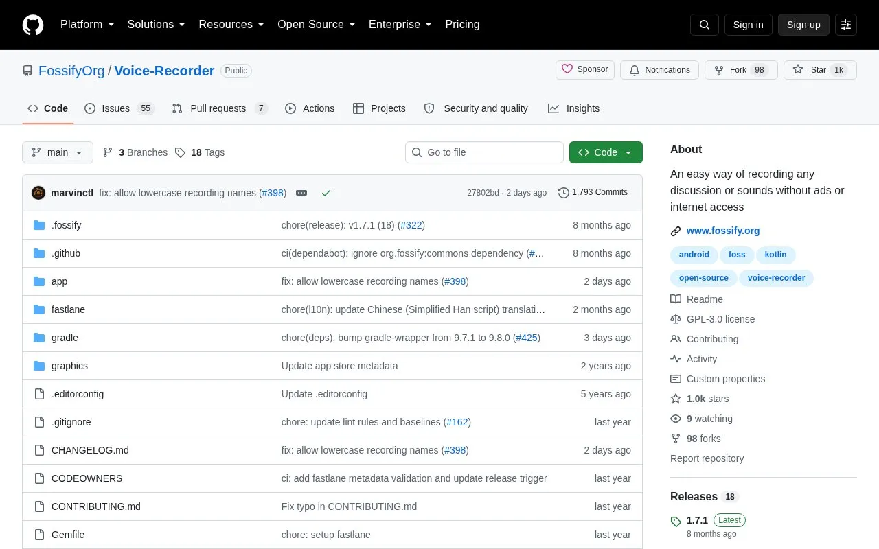 Fossify Voice Recorder homepage screenshot