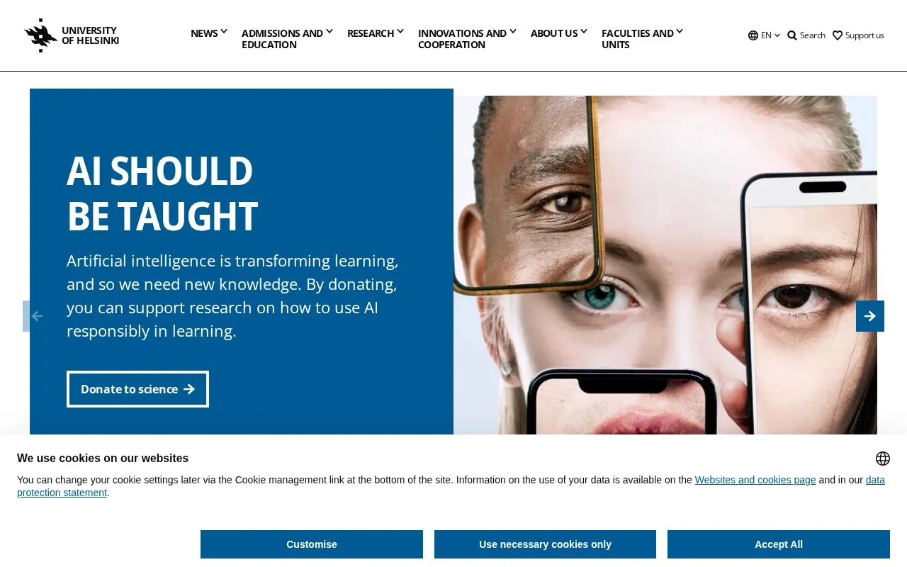 University of Helsinki homepage screenshot