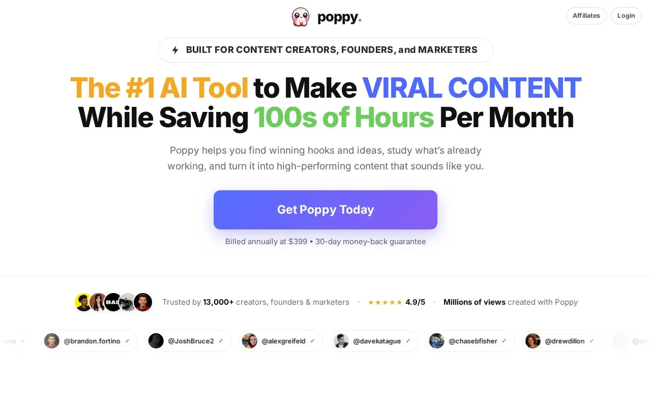 Poppy AI homepage screenshot