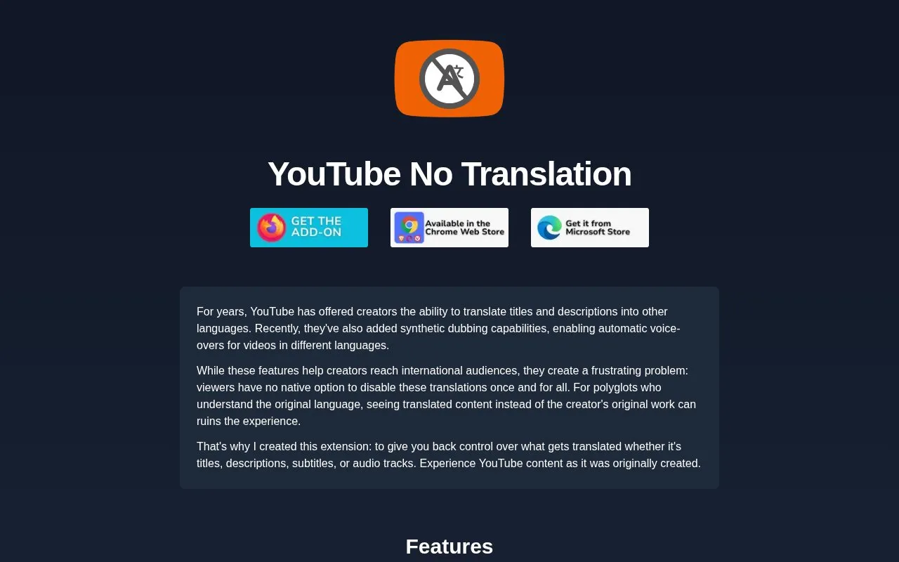 YouTube No Translation homepage screenshot