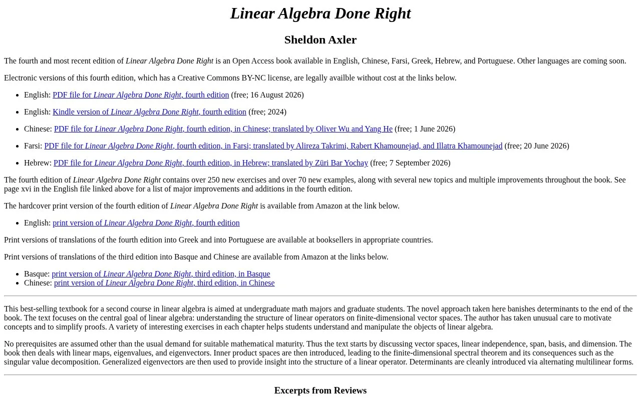 Linear Algebra Done Right homepage screenshot