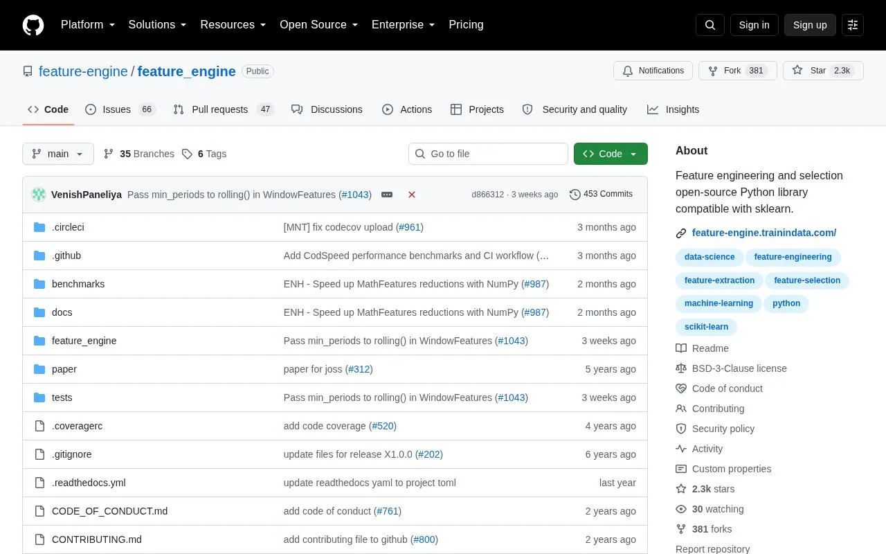Feature Engine homepage screenshot