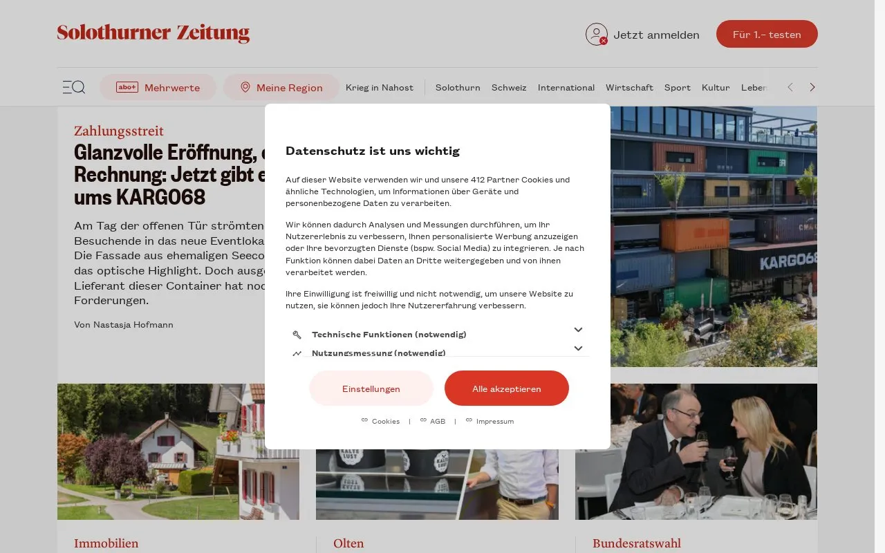 Solothurner Zeitung homepage screenshot