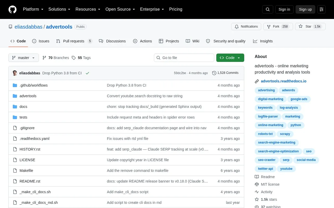 advertools homepage screenshot