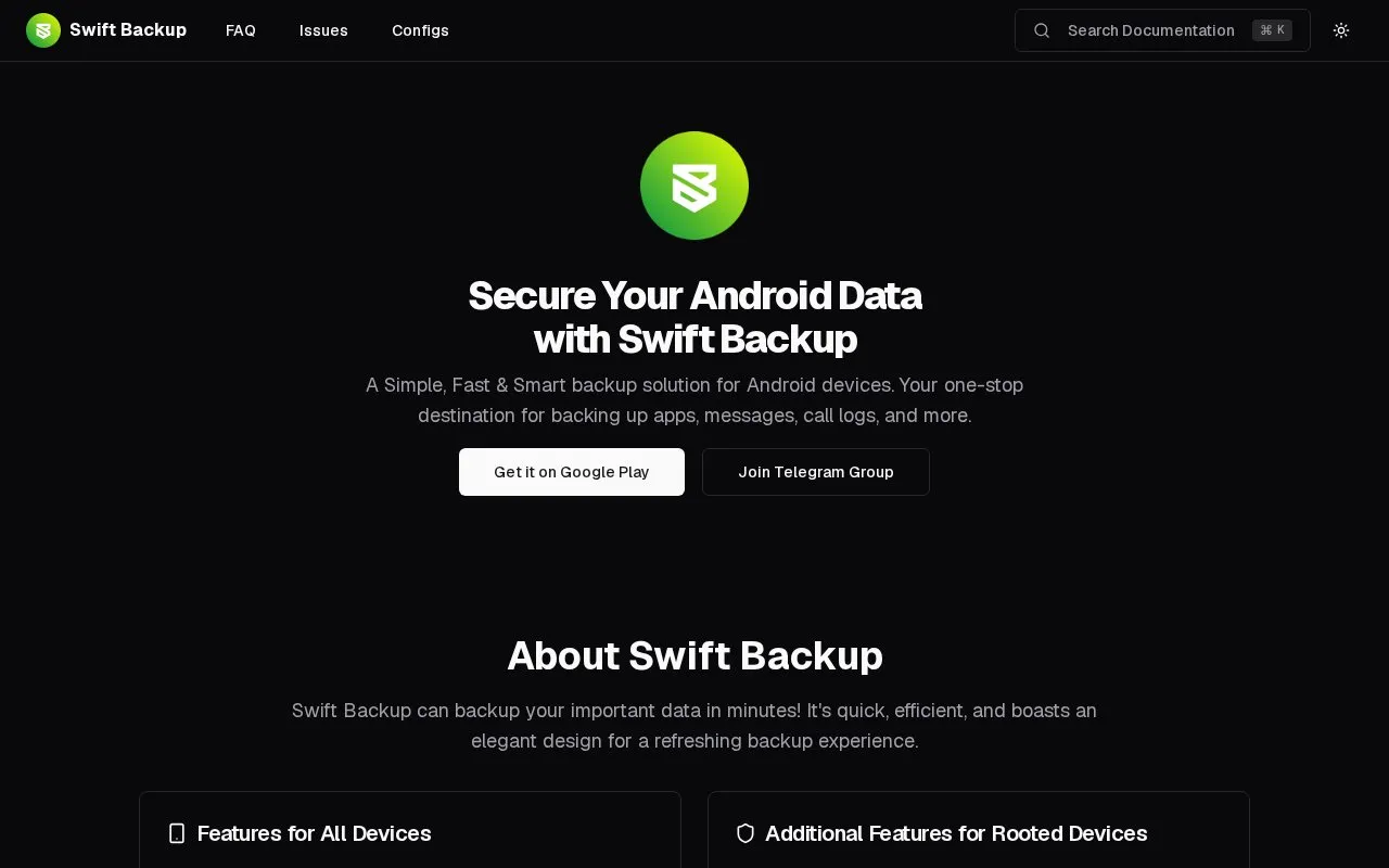 Swift Backup homepage screenshot