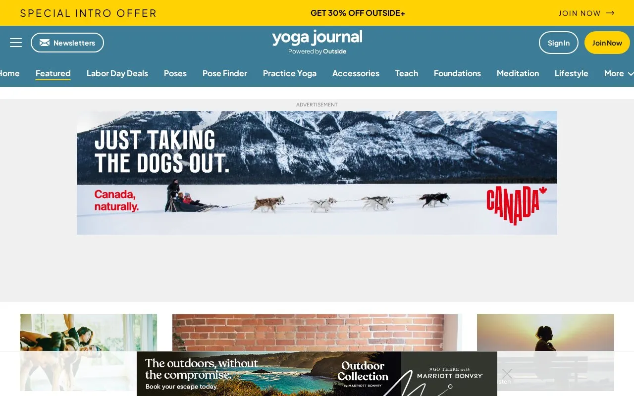 Yoga Journal homepage screenshot