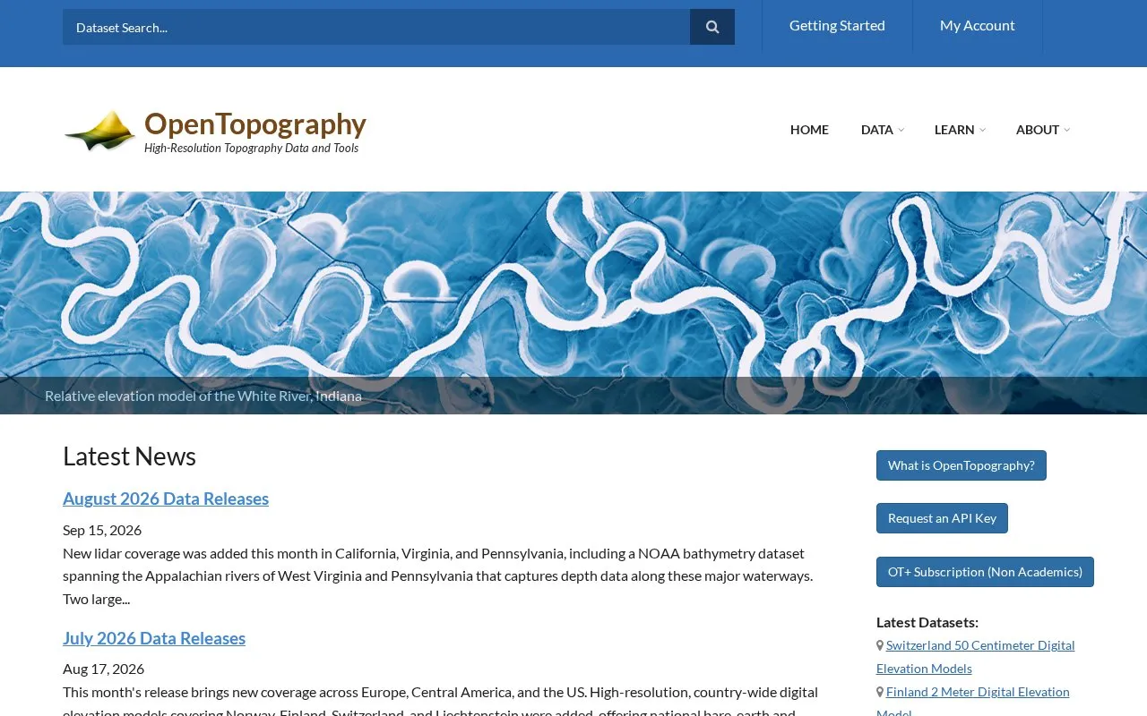 OpenTopography homepage screenshot