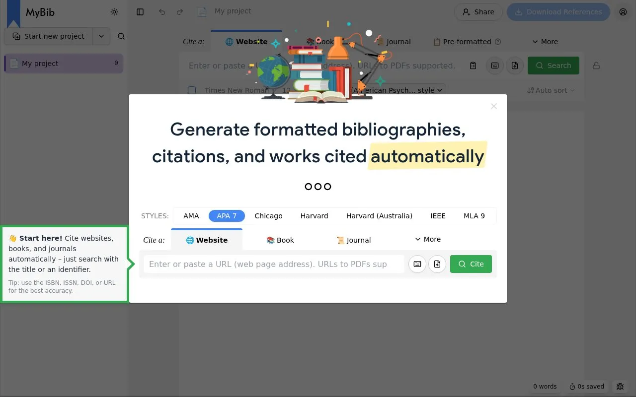 MyBib homepage screenshot