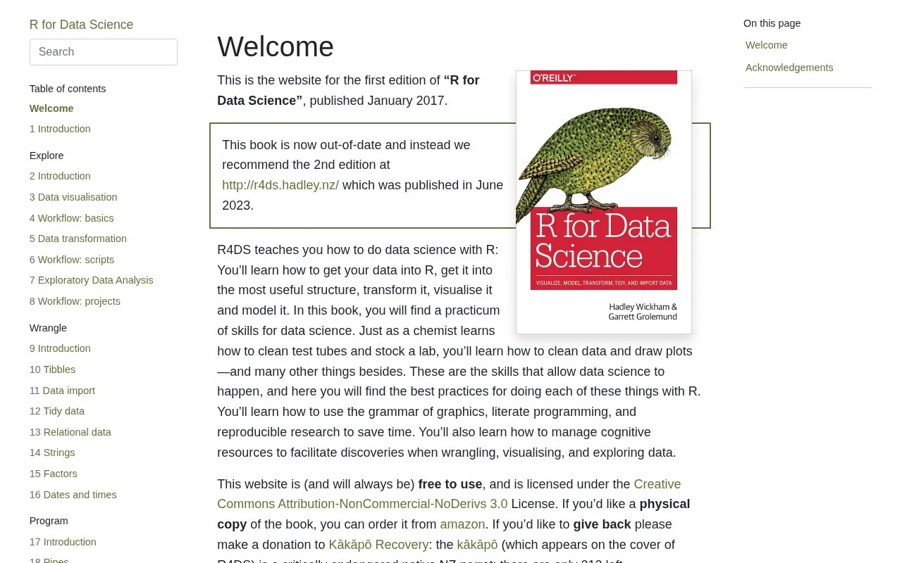 R for Data Science homepage screenshot