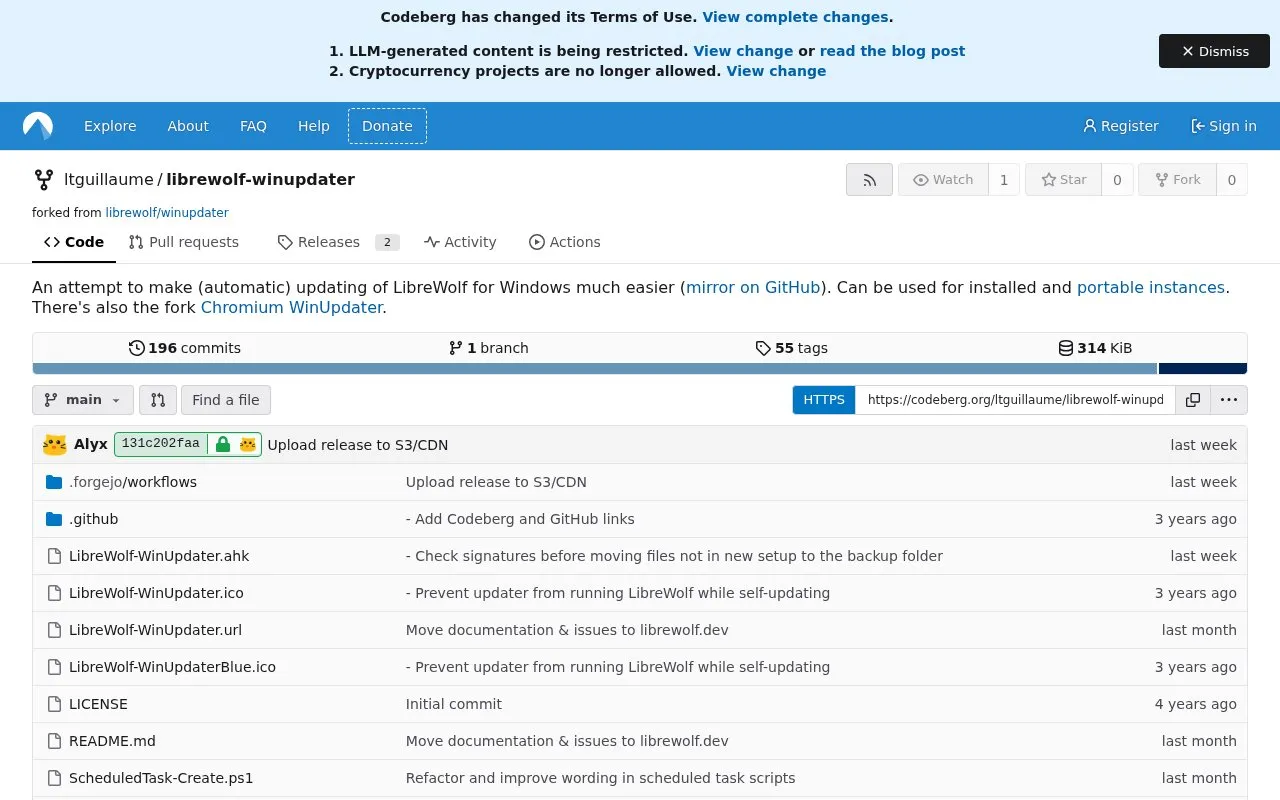 Librewolf Winupdater homepage screenshot