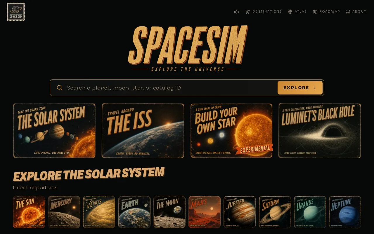SpaceSim homepage screenshot