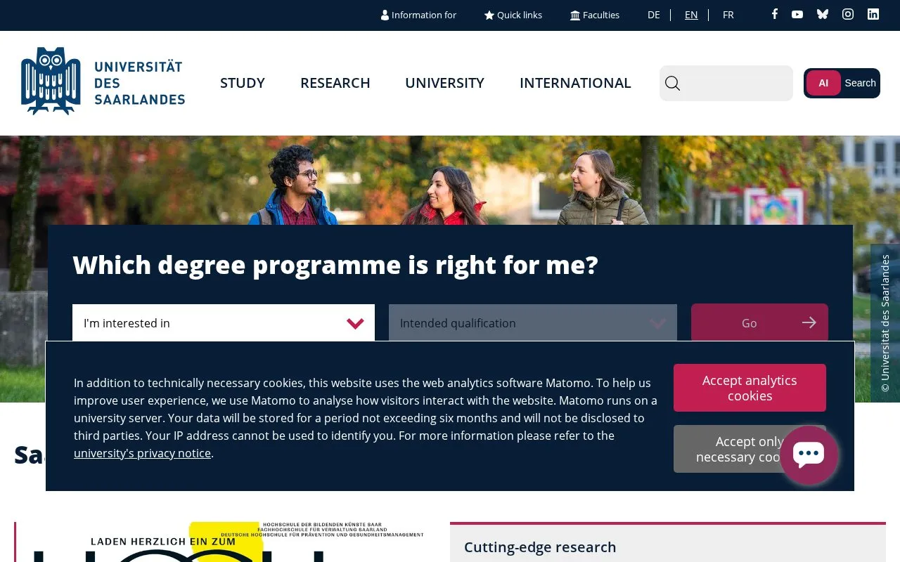 Universitat des Saarlandes homepage screenshot