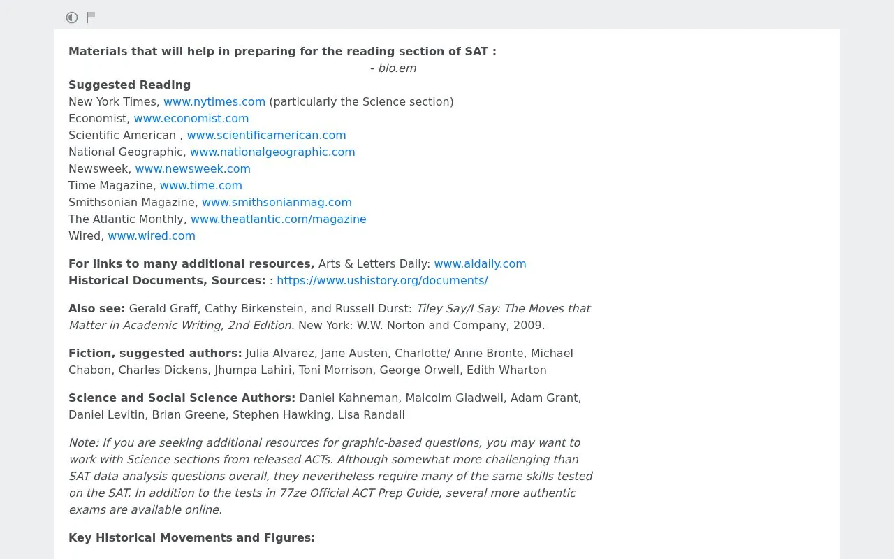 SAT Reading homepage screenshot