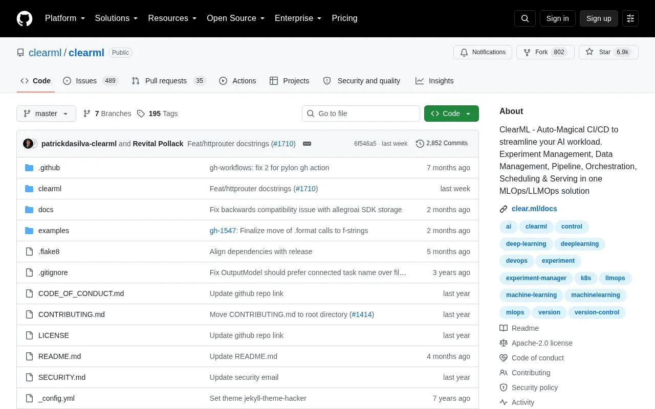 ClearML homepage screenshot