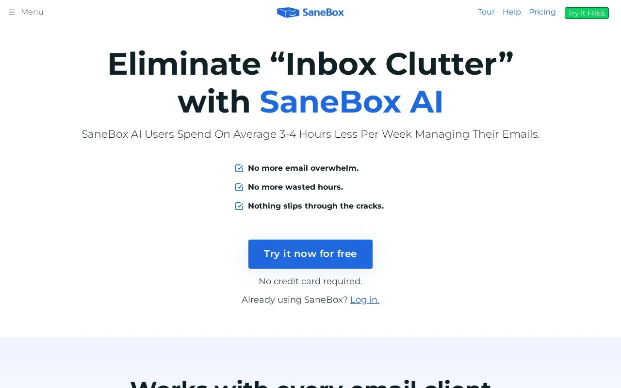 SaneBox homepage screenshot