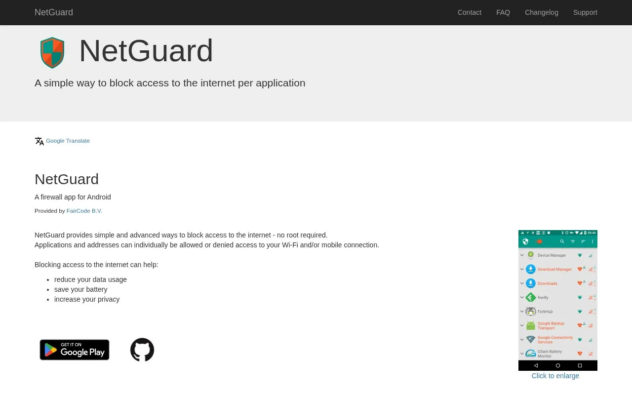 NetGuard homepage screenshot