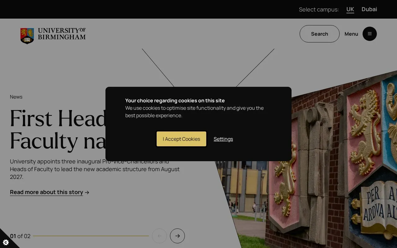 University of Birmingham homepage screenshot