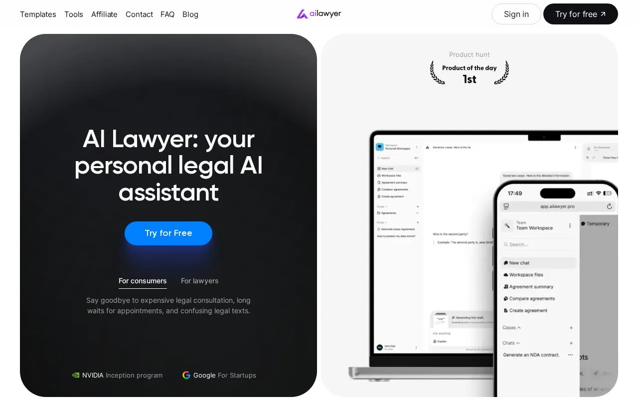 AI Lawyer homepage screenshot