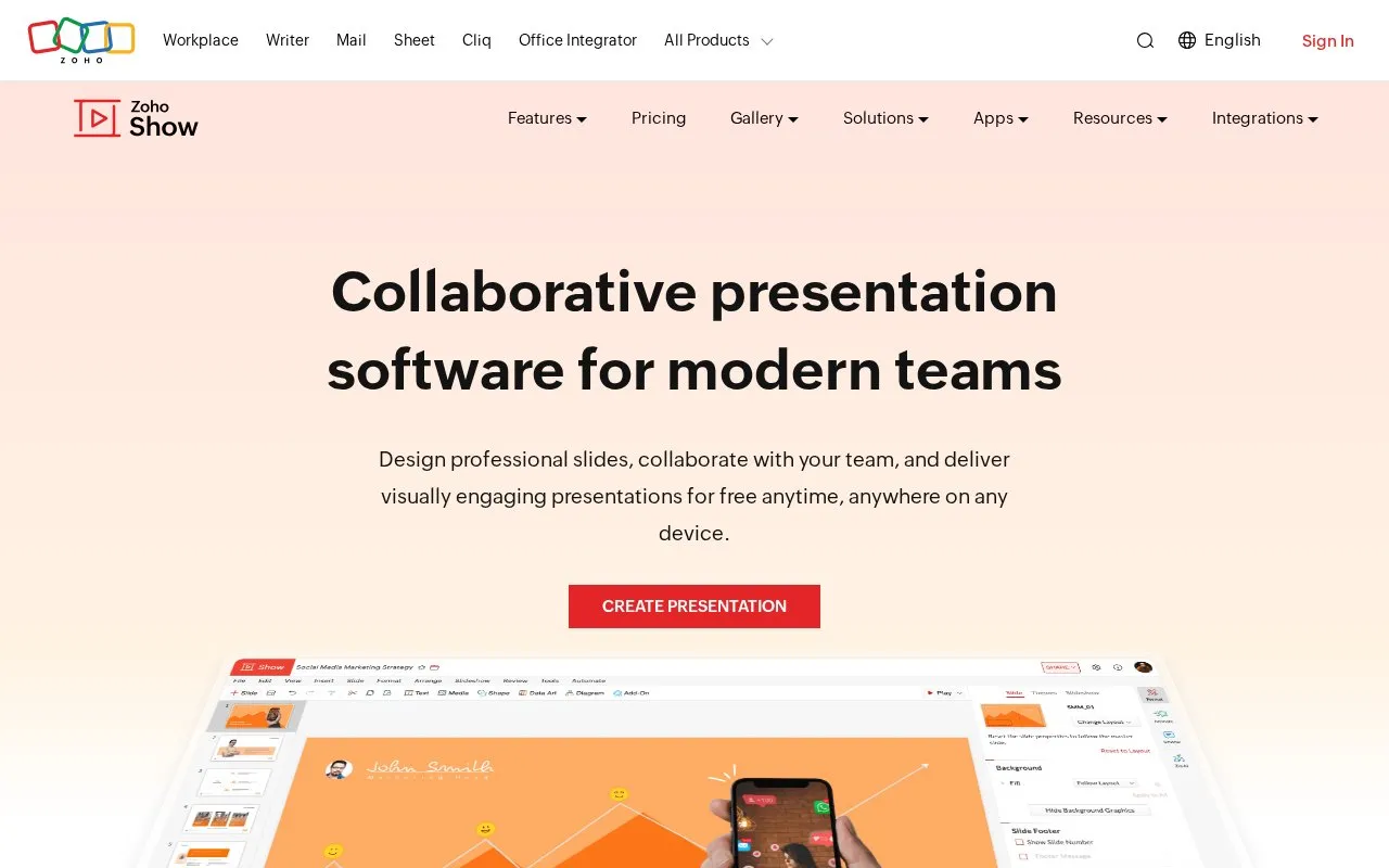 Zoho Show homepage screenshot